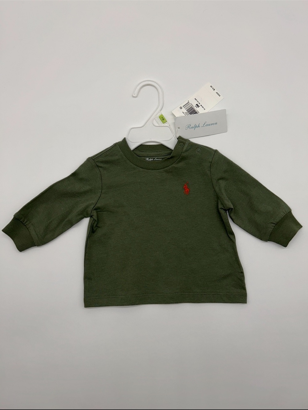 Ralph Lauren 3M Olive Green Long-Sleeve Baby Tee with Red logo